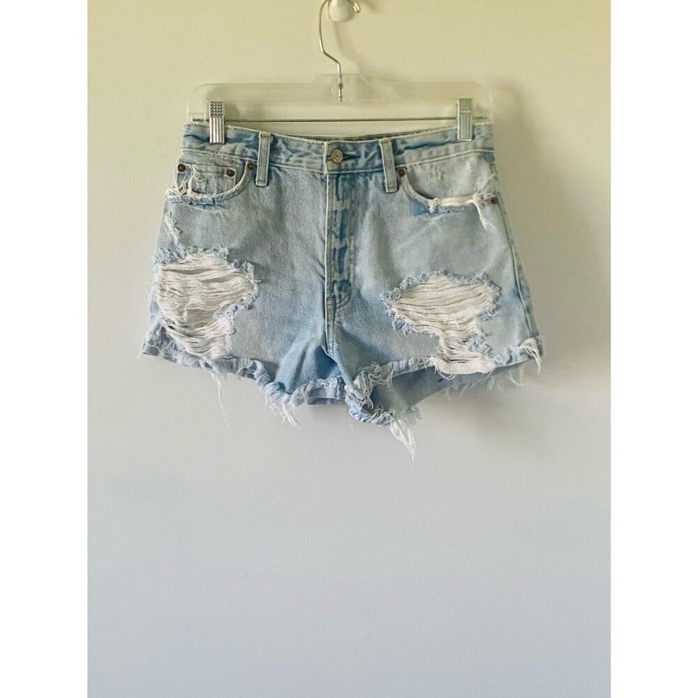 Abercrombie & Fitch Light Blue Distressed Denim High Waisted Cutoff Shorts Y2K